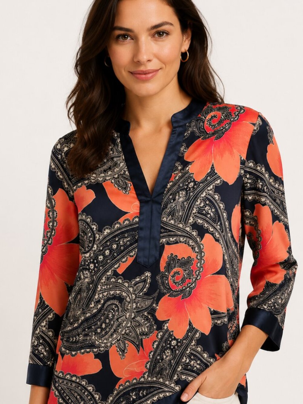 Ann Taylor | Navy Satin Soft Paisley Boho Tunic Three Quarter Blouse Small Top